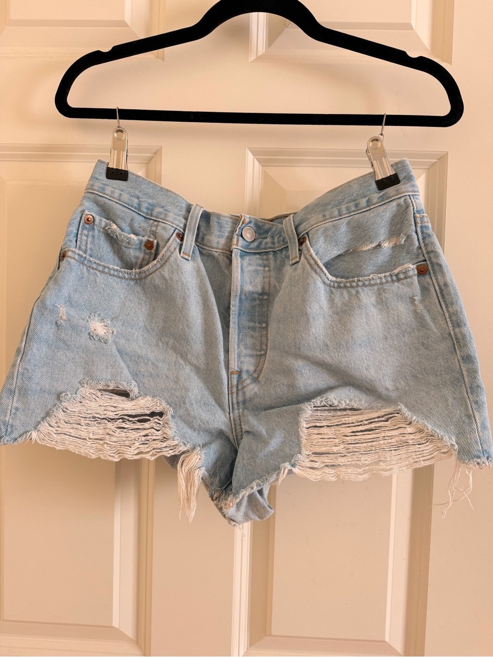 Levi's Light Blue Distressed High-Rise Jean Shorts